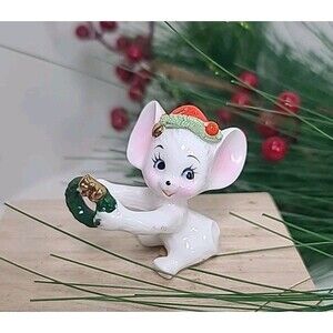 Vintage Napco Christmas Mini Mouse Bone China Candleholder Figurines Wreath
